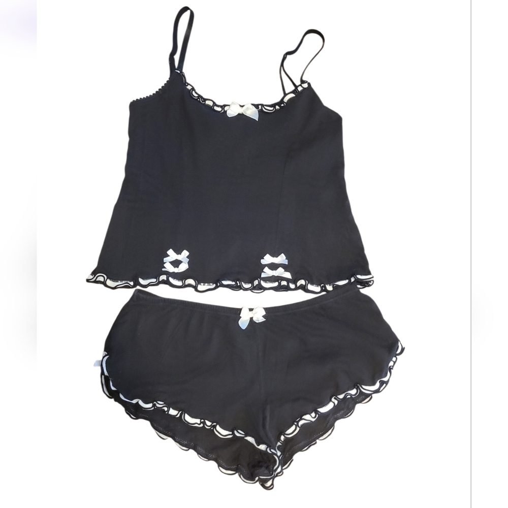 Womens Black Lace Trim Cami  Short Sleep Set Bottom-L Top-S